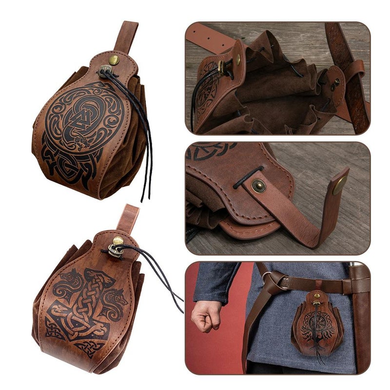 Leather Coin Pouch, Medieval Faux Leather Drawstring Coin Purse with Embossed Design, Vintage Belt Pouch for LARP Cosplay, Daily Use Retro Waist Bag (Brown) - Image 5